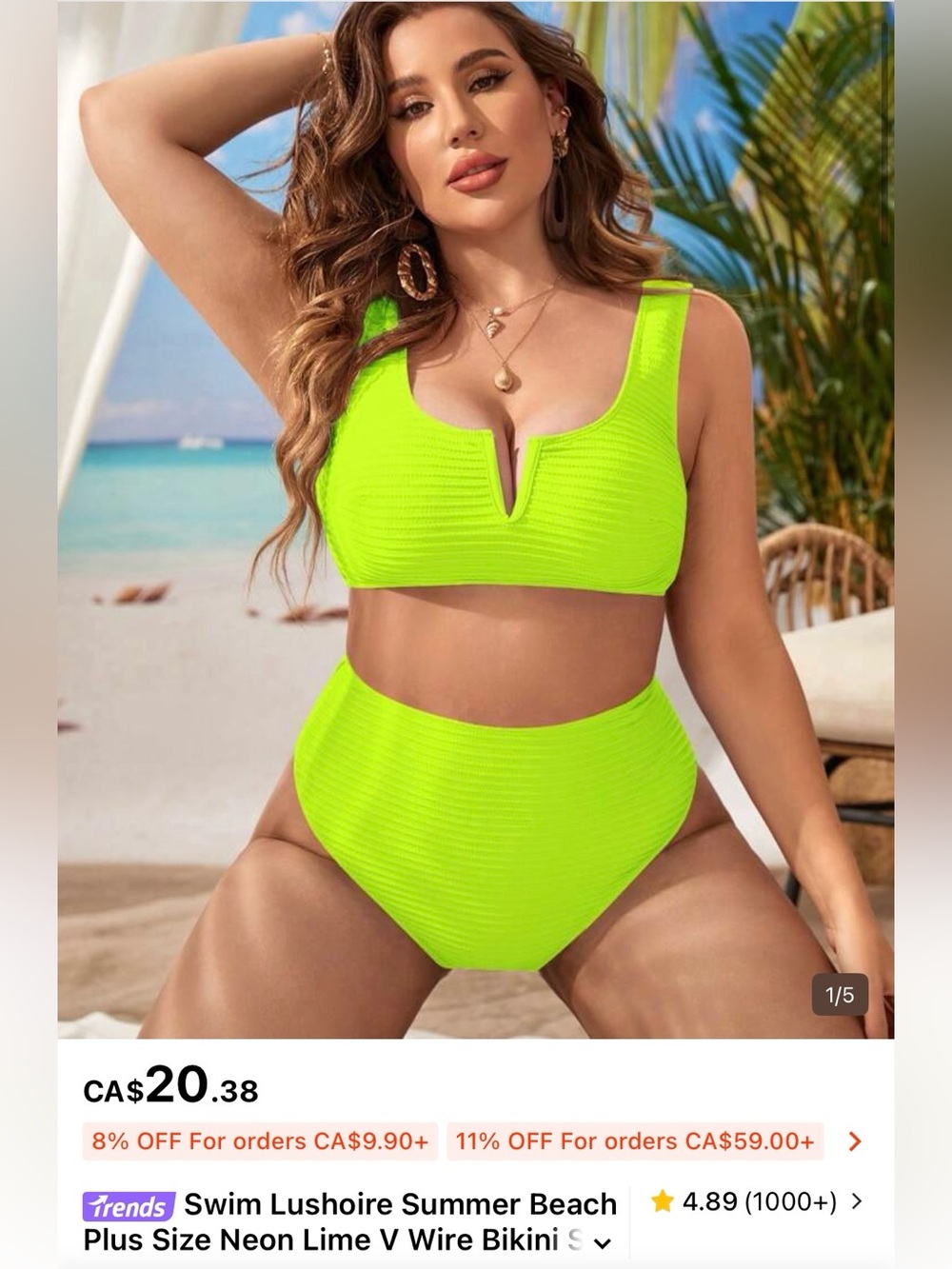 NWT SHEIN women’s bikini size 14 (1X) high waisted neon green